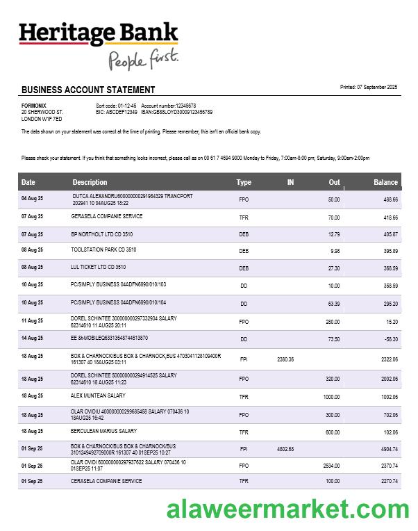 Heritage business bank statement Word and PDF format